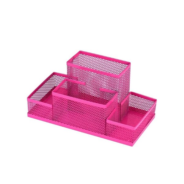 Iron Mesh Home Office Pen Pencils Holder Desk Stationery Storage Organizer Box-Hot Pink