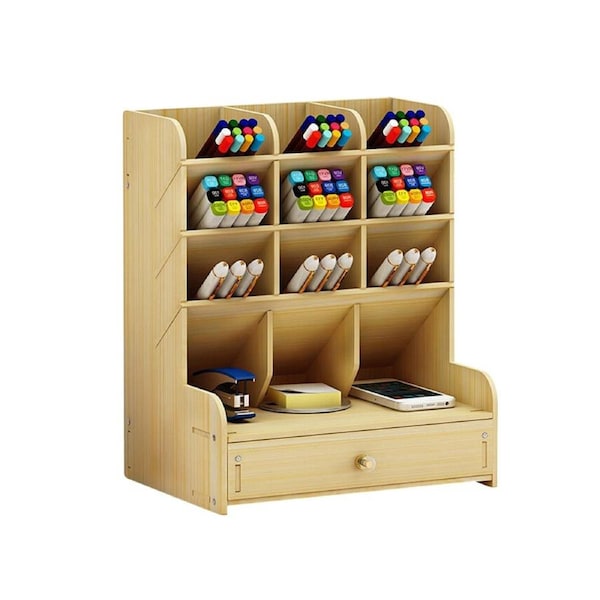 Large Capacity Desktop Pen Holder Pencil Makeup Brush Storage Rack Organizer Box-White Maple Wood