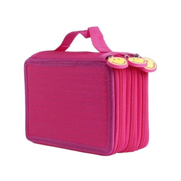 Large Capacity 3 Layer 52 Holes Student Pen Pencil Storage Zipper Case Holder-Hot Pink
