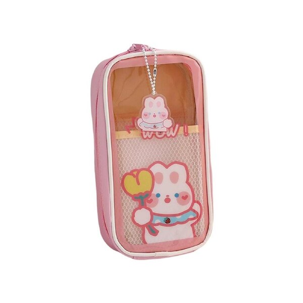 Pencil Bag Large Capacity Cartoon Faux Leather Cute Clear Stationery Case School Supplies -Pink