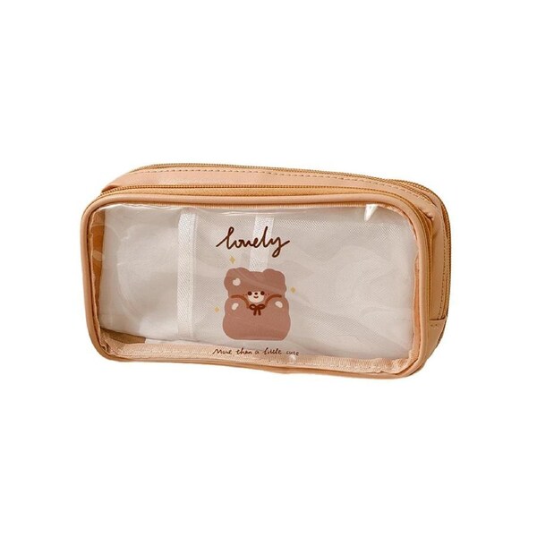 Pencil Case Cute Cartoon Waterproof Dust-proof Transparent Storage PVC Large Capacity Stationery Bag School Supplies-Coffee