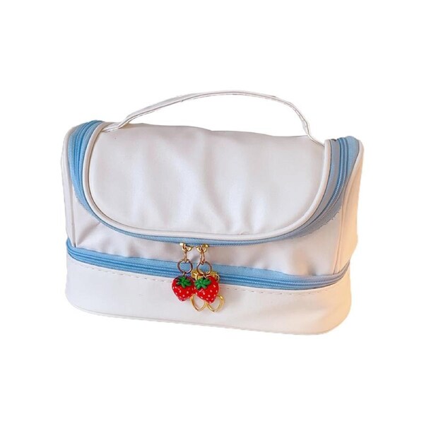 Pencil Bag Dust-proof Double Layers Portable Cartoon Rabbit Print Stationery Case for School-Light Blue