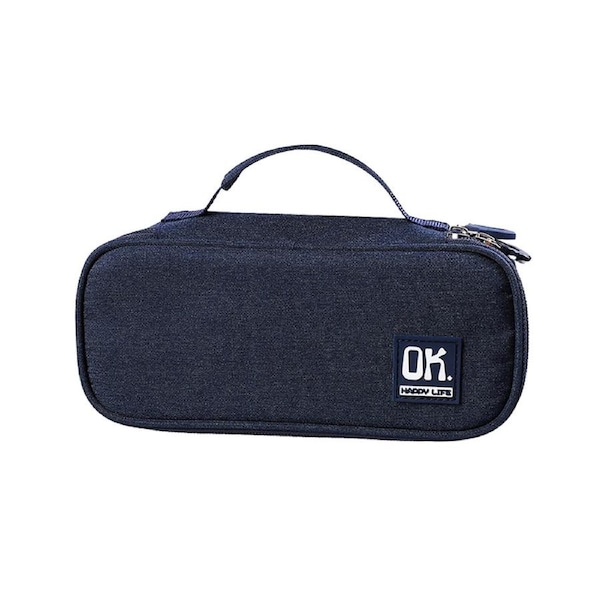 Pencil Case Large Capacity Multi-Function Canvas Stationery Storage Pouch with Handle Office Supplies-Navy Blue