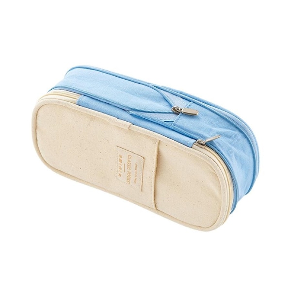 Minimalist Style Pencil Bag Large Capacity Canvas Classic Pocket Pen Pencil Case for School-Light Blue
