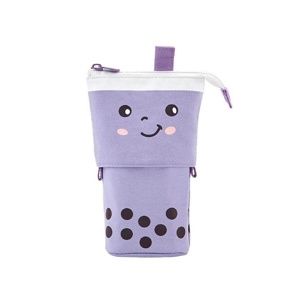 Milk Tea Bottle Shape Pencil Pouch Simplicity Canvas Stretchable Pencil Storage Bag for School-Taro Purple