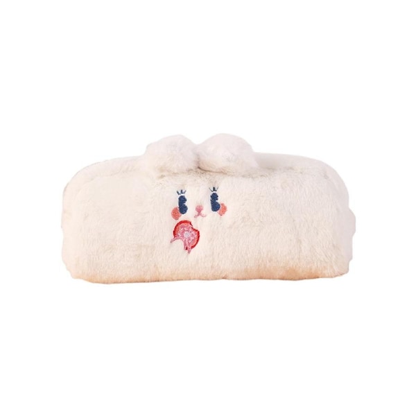 Pencil Case Portable Large Capacity Plush Student Rabbit Pattern Pencil Pouch for Dormitory-White