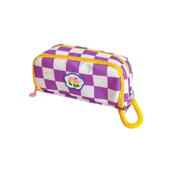 Stationery Box Dust-proof Easy Access Thick Checkerboard Pattern Pencil Pouch School Supplies -Purple