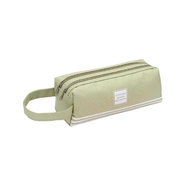 Pencil Bag Solid Color Double-layer Letter Stripe Rectangular Double Zippers Large Capacity Stationery Bag for School-Green