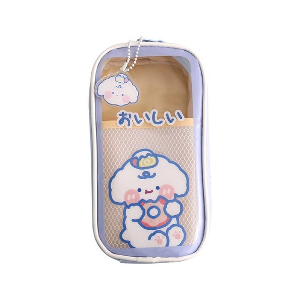 Pencil Bag Large Capacity Cartoon Faux Leather Cute Clear Stationery Case School Supplies -Purple