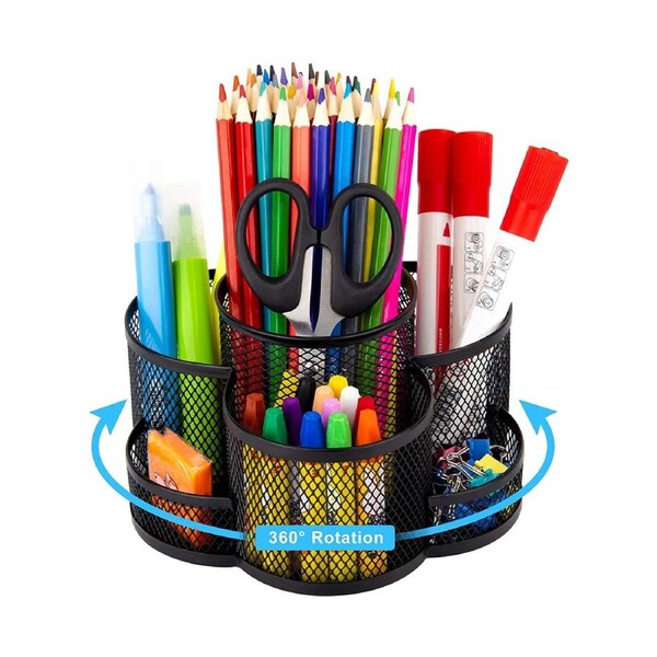 Mesh Pen Holder for Desk, 360-Degree Rotating Desk Organizer Pencil Holder with 7 Compartments, Metal Stationary Organizer