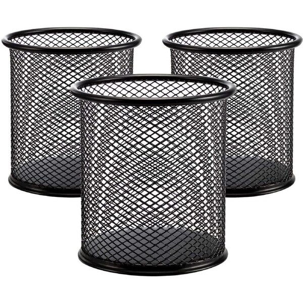 [3 Pack] Pen Holder - Pencil Holder for Desk - Metal Mesh Office Desk Pen Organizer Holders - Medium Sized Black Pen Cup Pencil Cup