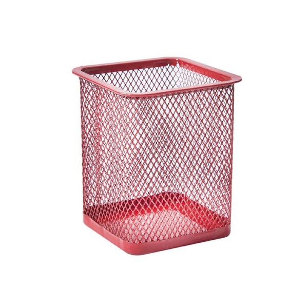 Pen Holder Large Capacity Wear Resistant Wrought Iron Desktop Pen Organizer Mesh Box for Home-Red