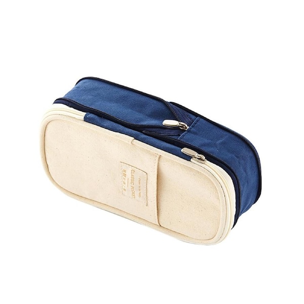 Minimalist Style Pencil Bag Large Capacity Canvas Classic Pocket Pen Pencil Case for School-Navy Blue