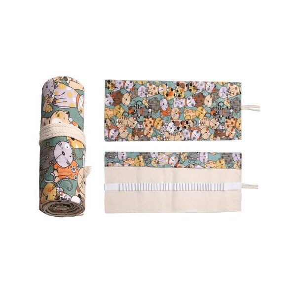 12/24/36/48/72 Holes Cartoon Cat Roll Pencil Case Pen Holder Stationary Bag- C