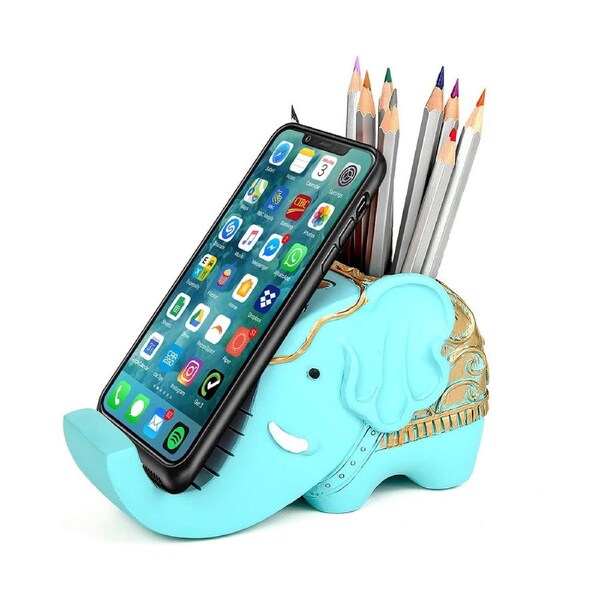 Pen Pencil Holder with Cell Phone Stand, Multifunctional Elephant Shaped Resin Container Desk Organizer Cute Desk Accessories