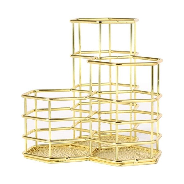 Pencil Holder, Gold Pen Holder for Desk Organizer, Metal 3 Compartments Makeup Brush Holders Cup