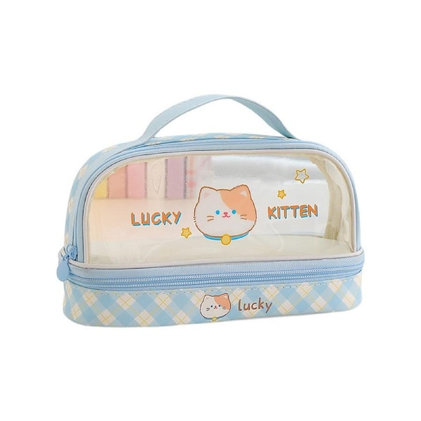 Pencil Case High Capacity Dust-proof Transparent Visible Cartoon Bear Bunny INS Double Layer Pencil Bag School Supplies-Blue