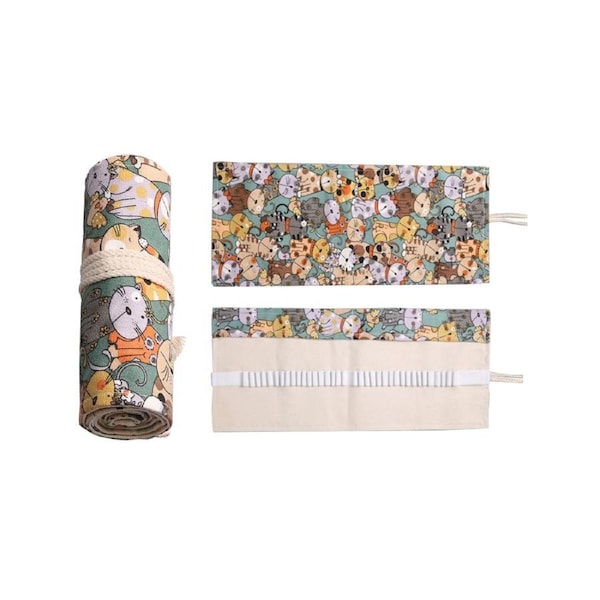 12/24/36/48/72 Holes Cartoon Cat Roll Pencil Case Pen Holder Stationary Bag-E
