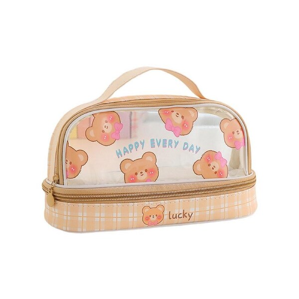 Pencil Case High Capacity Dust-proof Transparent Visible Cartoon Bear Bunny INS Double Layer Pencil Bag School Supplies-Yellow