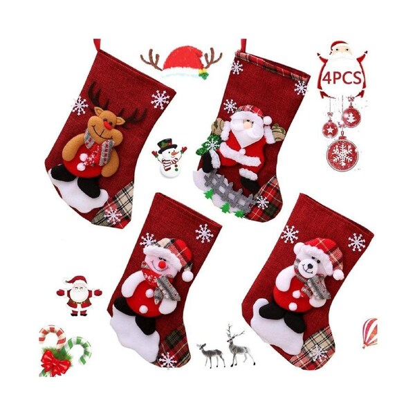 4Pcs Christmas Stockings, Christmas Tree Hanging Fireplace Decoration, Christmas Stocking Hanging Candy Gift Bag, Chocolate Cookie Candy Gift Bag