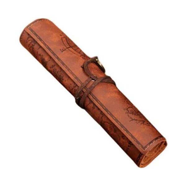 PU Leather Rollup Pen Bag, Vintage Creative Map Pencil Case, Smooth Cover Storage Pouch Holder Organizer