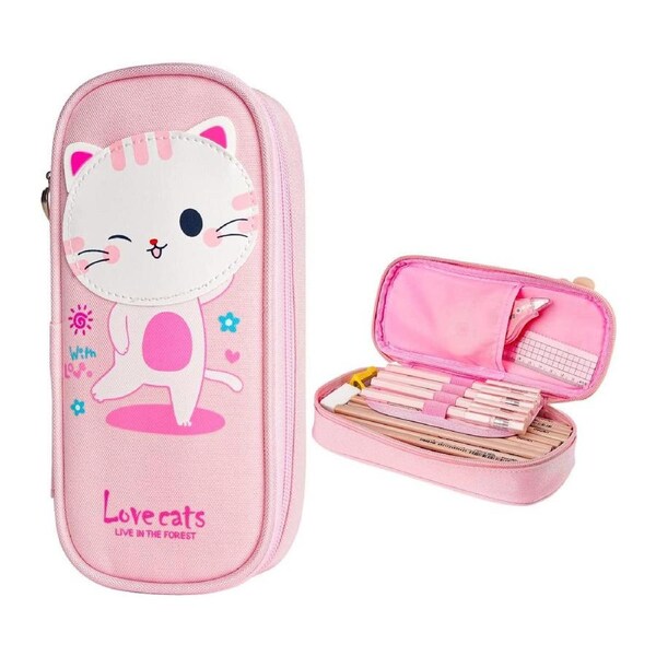 Cute Cartoon Pencil Case for Kids, Big Capacity Canvas Kawaii Pencil Pouch with Zipper, Waterproof & Durable Compartment Large Storage Pencil Bag