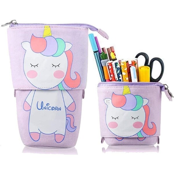 Stand up Pencil Holder Telescopic Pencil Case Transformer Pen Box Cartoon Cute Stationery Pouch Bag(grid)