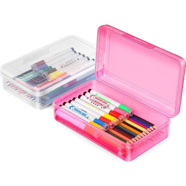 2 Pack Pencil Box, Plastic Pencil Case for Kids , Transparency Pencil Holder Organizer for School Supply, Crayon Box Storage