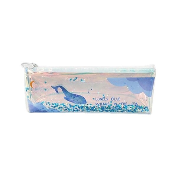 Funny Blue Ocean Blue Whale with Sequins Drift Pencil Bags Transparent Pencil Case