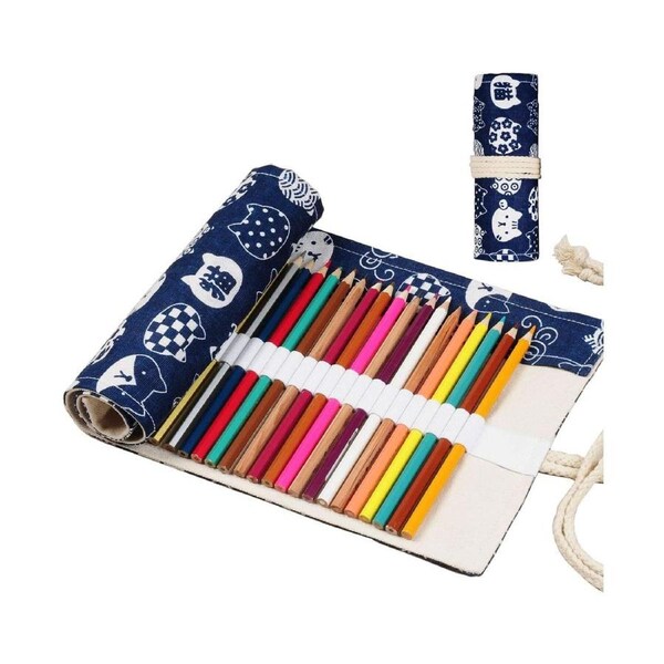 Canvas Stationery Handmade Roll Up Pencil Case for Artist Pencil Wrap Coloring Pencil Holder Cat Pattern