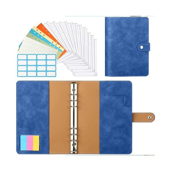 PU Leather Notebook Binder Refillable 6 Ring Binder for A6 Filler Paper, Loose Leaf Personal Planner Binder Cover with ic Buckle Closure - Blue