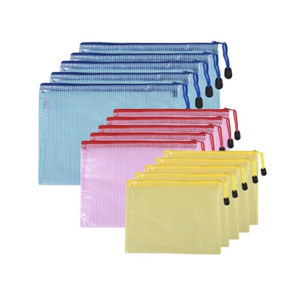 Plastic Mesh Zipper Pouch, 15 Packs (A4/A5/A6 Size) Waterproof Mesh Bag Document Bag File Folder