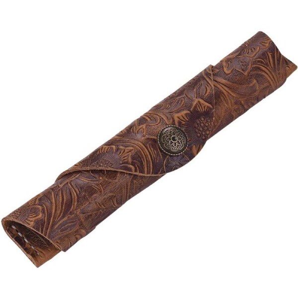 Vintage Handmade Leather Single Pen Case Holder Cowhide Fountain Pen Sleeve Roll Wrap Pen Pouch (Brown Carved)