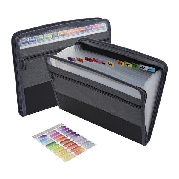 Expanding File Folder with Sticky Labels, 13 Pocket Accordion File Folder Document Organizer Expanding Zip File Folder with Zipper Closure