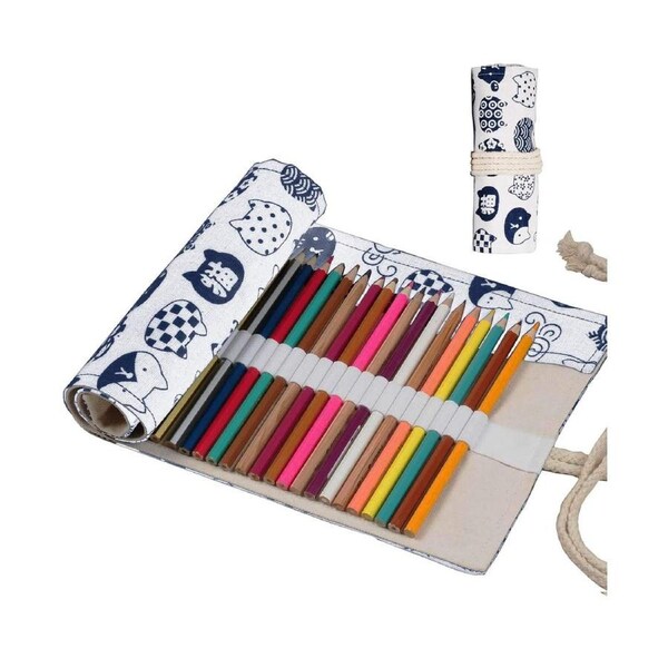 Canvas Stationery Handmade Roll Up Pencil Case for Artist Pencil Wrap Coloring Pencil Holder Cat Pattern