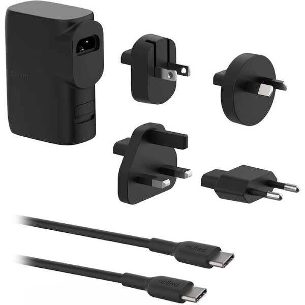 Belkin BoostCharge Hybrid Wall Charger 25W with Power Bank 5K & Travel Adapter Kit (Black)