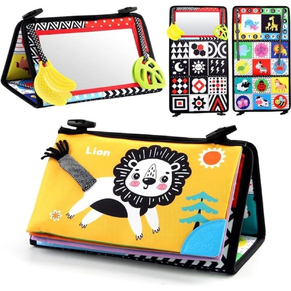 Joyfia Tummy Time Floor Mirror, Black and White Baby Book, High Contrast Crinkle Cloth Book with Teethers, Activity Developmental Gift Toys for Infants Newborn Boys Girls 0-12 Months