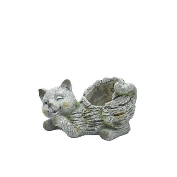 Willow & Silk Polyresin 35.5cm Grey/ Stone Winking Cat Garden Pot Planter