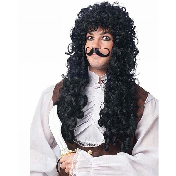 Captain Hook Curly Long Black Wig and Moustache