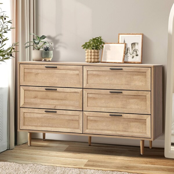 Oikiture 6 Chest of Drawers Storage Cabinet Tallboy Natural