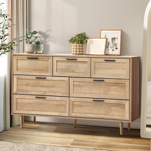 Oikiture 7 Chest of Drawers Storage Cabinet Tallboy Natural