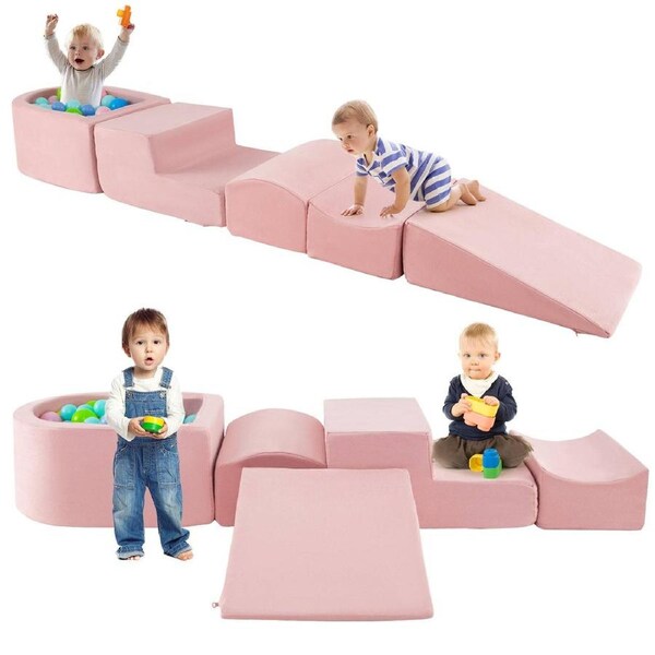 Babyjoy 5PCS Kids Climb and Crawl Playset Soft Convertible Blocks w/Ball Pit Creative Building Blocks Kindergarten Pink