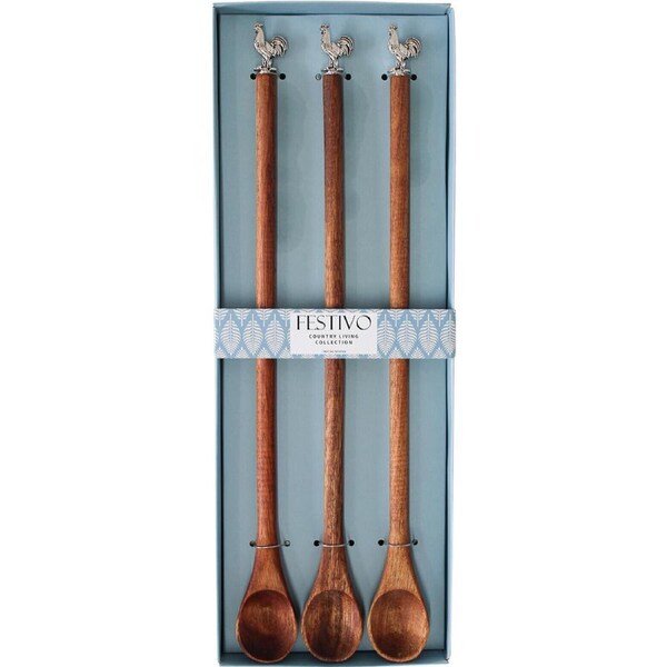 3pc LVD Rooster Acacia Wood Chef Tasting Spoon Set Kitchen Cutlery 34cm BRWN