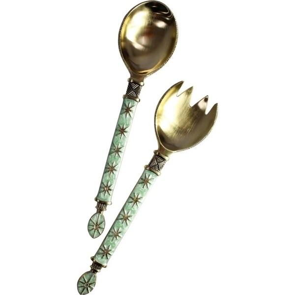 2pc LVD Aluminum Spoon/Fork Salad Server Faro Handle Utensils 27cm GLD/Green