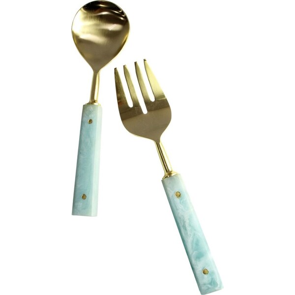 2pc LVD S/S/Resin Spoon/Fork Salad Servers Utensils 26x7cm Blue Marbleised