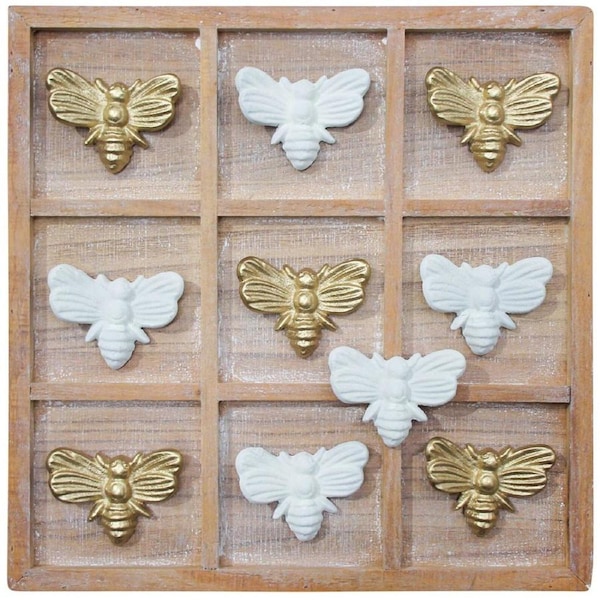 LVD Metal/Wood 9-Slots Tictactoe Bees Home/Room Decor 36x36cm White/Gold