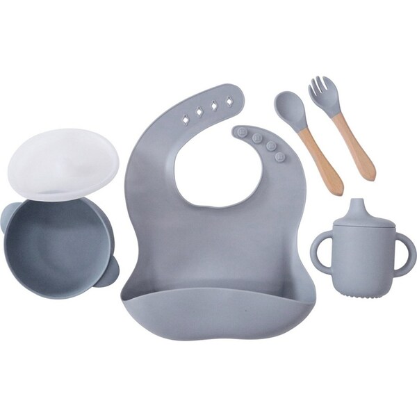LVD Silicone Baby Toddler Feeding Dinnerware Set Bib Spoon Fork Cup Bowl Grey
