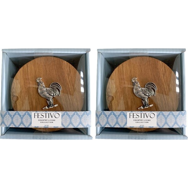 2x LVD Rooster Acacia Wood/Metal Salt Box Container Storage w/ Lid 12x11cm Brown