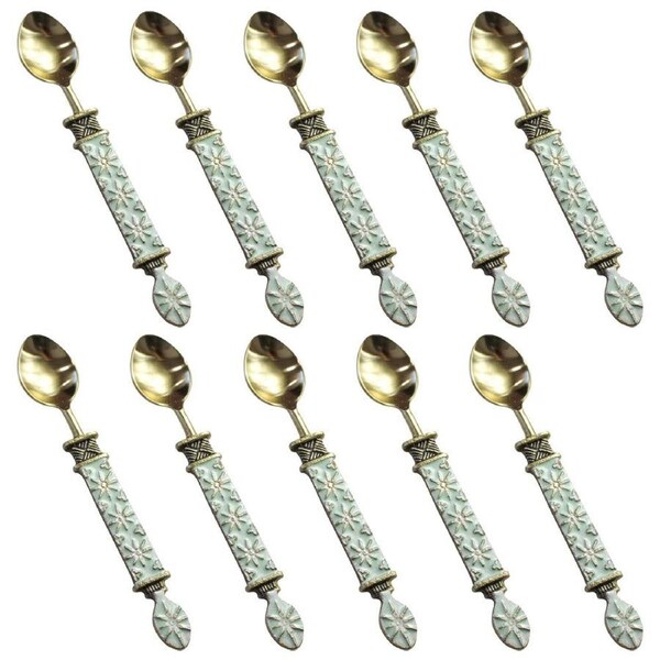 10x LVD Brass Teaspoon Faro Handle Tableware Cutlery Utensils 16x3cm Gold/Mint