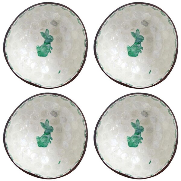 4x LVD Natural Coconut Food Serving Dish Rnd Bowl Tableware 13x6cm Rabbit Green